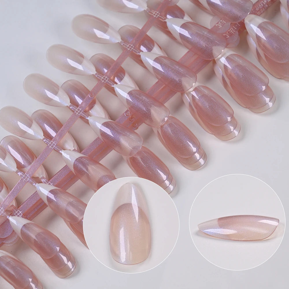 120pcs Sparkling Pearlescent Reusable Acrylic Fake Nails Chrome Plated Pink Almond False Nails Full Cover French Press-On Nails*