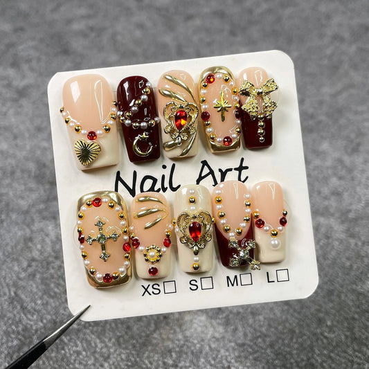10Pcs Light Luxury Sweet Cool Coffin Wearing Manicure Vintage Heart Pearls Bow Golden Decorations Fake Nails French Acrylic Nail