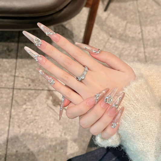 10pcs Handmade Fake Nails Fine dog pointed type Powder penetration Press On Nails False Nails French Flash diamond design