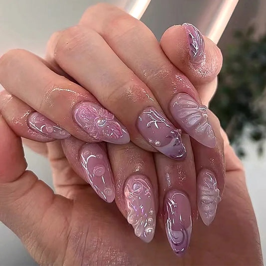 24pcs Smudge Red False Nails Long Almond Fake Nail with Starlight Bow Design Full Cover Nail Tips Reusable Press on Nails Sets