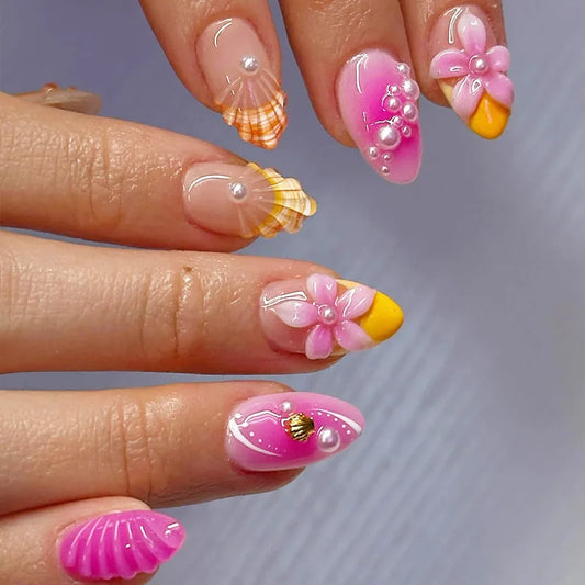 24pcs Short Almond False Nails Blush Rose Pink Seashell Pattern French Style Fake Nails Flower Printed Press On Nail For Summer