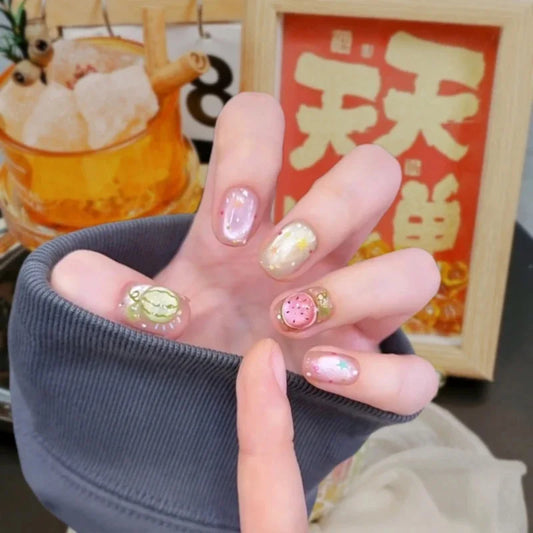 10pcs Handmade Press on Nails Short Square Watermelon Star-Moon Full Coverage Nail Tips for Women&Girl Removable Wearable nail