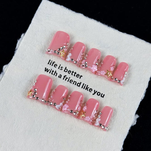 10pcs high-end Pink girl style, hand-painted three-dimensional engraved design, glittering rhinestone decoration handmade fake