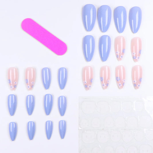 24pcs Upgrade Your Look With Blue and White Flower-Designed Almond False Nail Set 1pc Nail File & 1Nail Glue Sticker Kit Nails
