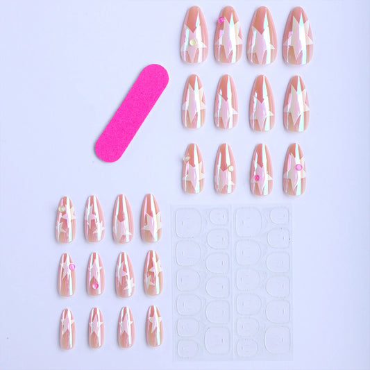24pcs White Five-pointed Star Press On Nails Colorful Rhinestone Decor Short Almond False Nail Korean Style Charm Fake Nails