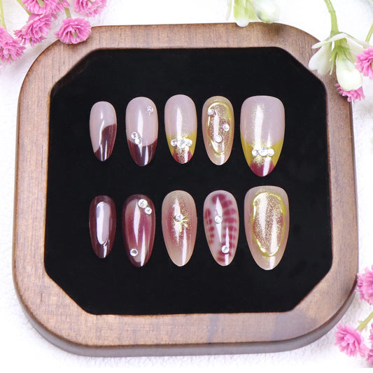 10PCS Of Pressed Nail Short Almond Nail Tips, Flower Acrylic Nail Kit Gold-Plated Brown French Reusable Fake Nails