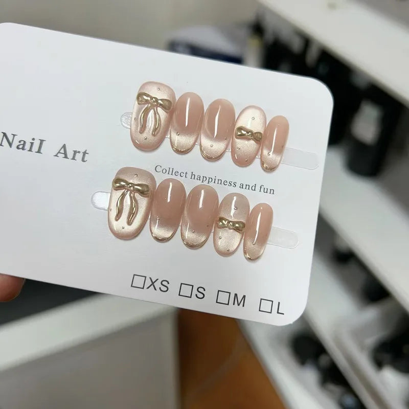10PCS Handmade Nude Shiny Cat Eye with Bowknot French Sweet Simple Luxury Designs Short Oval Press on Nails Fake Nails for Girls