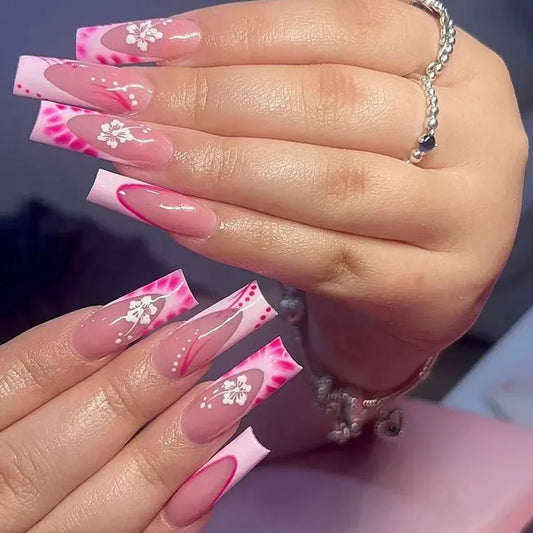 24Pcs White Butterfly False Nails Long Ballet Coffin Pearls with French Design Wearable Fake Nails Full Cover Press on Nail Tips