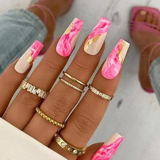 24Pcs Marble Grain Shiny Powder with Design False Nails Long Balet Nails Set Press on Detachable Full Cover Fake Nails Tips Art