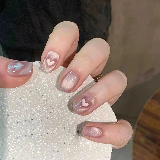 24pcs Plaid Diamond Fake Nails Tips Retro Glitter Ballet Press on Nails Cat's Eye Short Brown False Nail Acrylic Stick on Nail