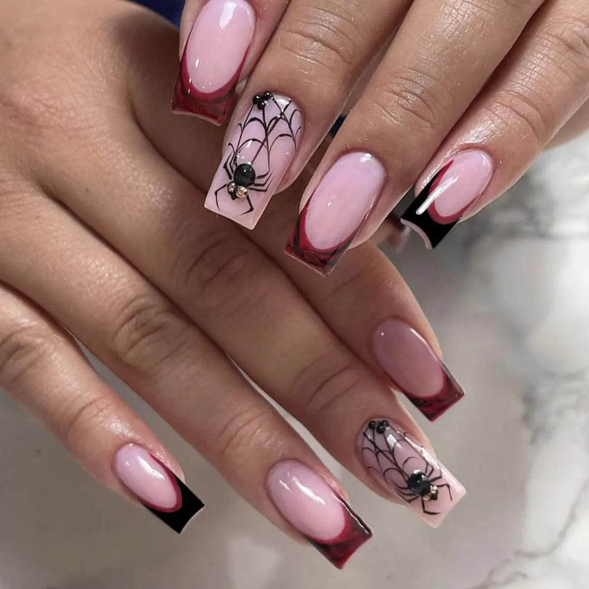 24Pcs Mid-length Square Manicure Tips Spider Rhinestone Love Spider Web Fake Nails Shiny Powder Detachable Press on False Nails