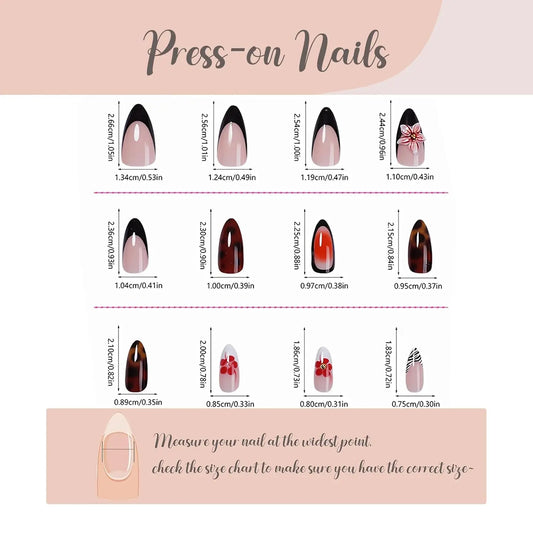 24PCS Summer Colorful Almond False Nail with 3D Flower Beach Paintings Press on Fake Nail Full Cover Wearable Manicure for Women