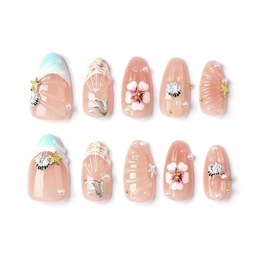 24PCS Luxury 3D Gilt Floral Diamond Press on Nails Dreamy Seaside Shell Star False Nails Almond Gentle for Women Girl Fake Nails