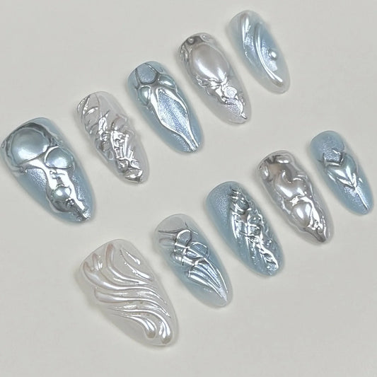 24PCS Blue White Gradient Press on Nails Almond Silver Wave Pearl Design Metallic False Nails Sweet Futuristic Mermaid Manicure