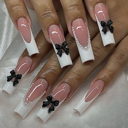 24pcs Sweet Long Ballet Fake Nails Set Green French False Nail Art Flower Design Full Cover Nail Tips Pink Coffin Press on Nails