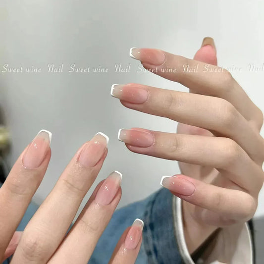 10Pcs Handmade Press on Nails Full Cover Cat Eye Rhinestone Design Nude Color French Ballerina False Nails Manicure Nail Tips
