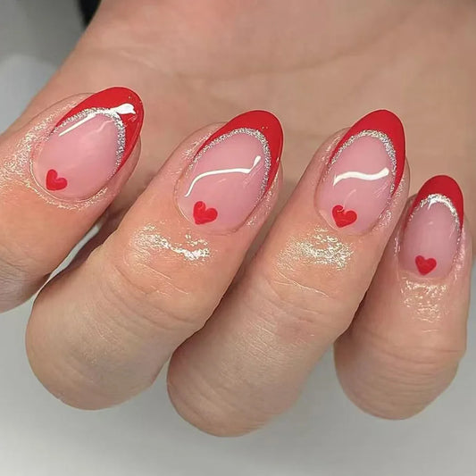 24Pcs Medium Almond Press on Nails Glossy Simple Wearable Acrylic False Nails Love Pattern Reusable Nails Stickers Set for Gifts