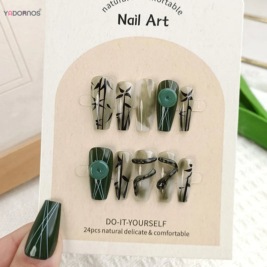 24pcs Dark Green Fake Nails Tips 3D Snake Jade Press On Nails Chinese Style Painted Bamboo False Nail Patches Manicure Art