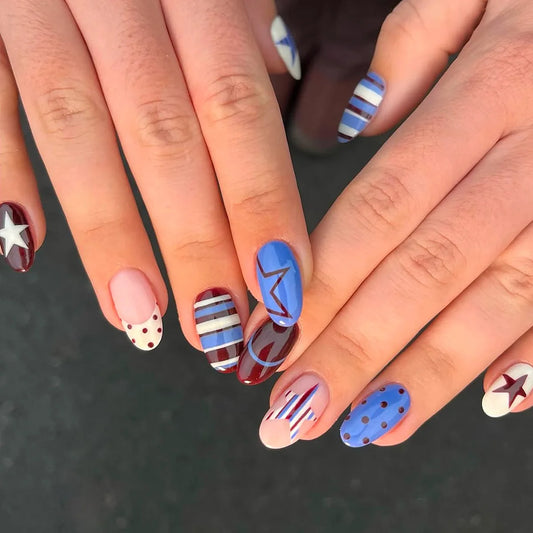24pcs INS y2k Almond Fake Nails Blue and Brown Strip Printed Press on Nail Wearable Reusable European Spice Girls False Nails