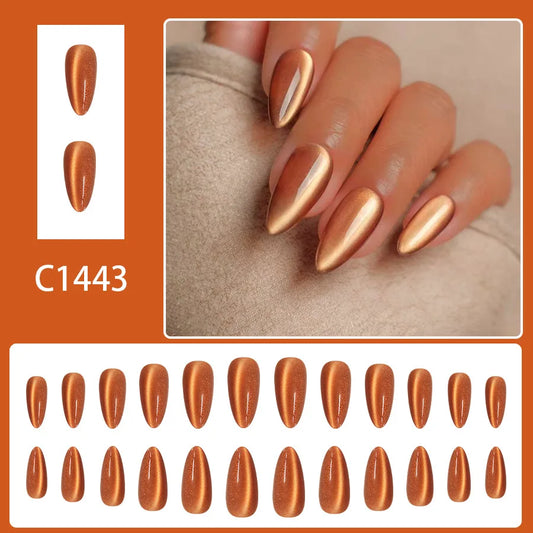 24pcs Autumn Orange Cat Eye Press on Nails Shiny Pure Color Almond Fake Nails Women Wearable Ins Simple Fashion False Nails