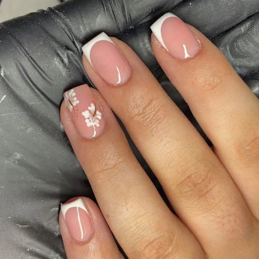 24Pcs Fairy White Flower Fake Nails Pink French Tip Press on Nails Short Square Wearable False Nail for Women Girls DIY Manicure