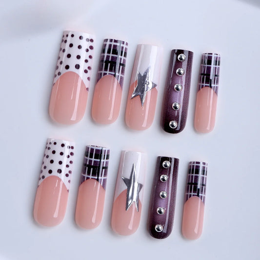 24PCS Square Press on Nails Plaid Star Studded Design Nude Purple Gradient Glossy Edgy Punk Style Reusable Acrylic False Nails