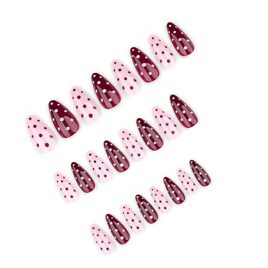 24PCS Polka Dot Pressed Nail, Almond Shaped Fake Nail, Pink Fake Nail, Acrylic Glossy Cute Artificial Nail, Suitable For Women