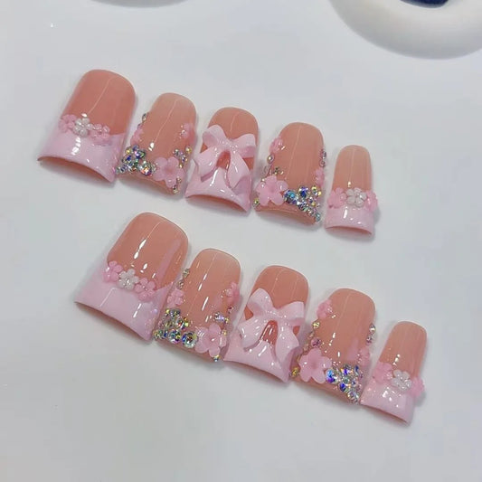 10pcs high-end Style girl version, hand-painted three-dimensional patterns, bowknot, dazzling sparkly diamond handmade fake nail