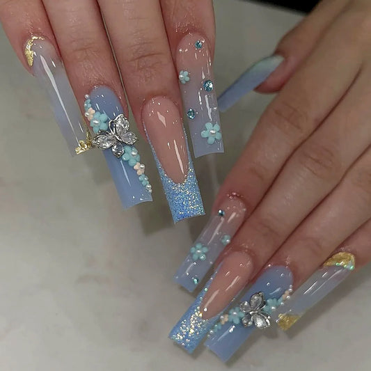 24pcs Green French Fake Nail Spring Summer Long Square Press on Nails Woman with Flower Design False Nail Sets Wearable Manicure