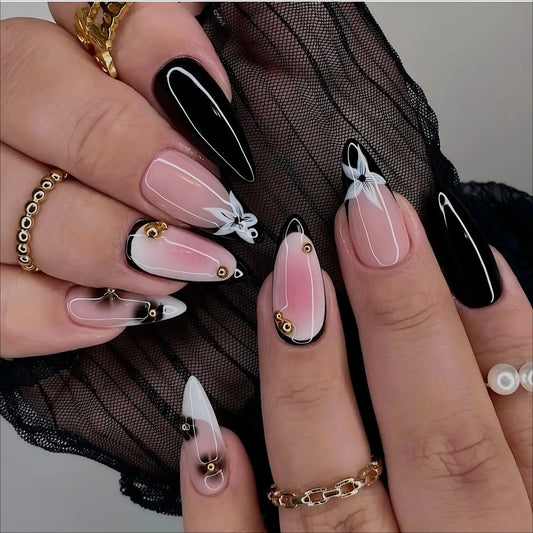 24PCS Y2K Stiletto Fake Nails with sweet spicy Star Accents Rhinestone Beads Press on Nails Pink White Black Edgy Street Style