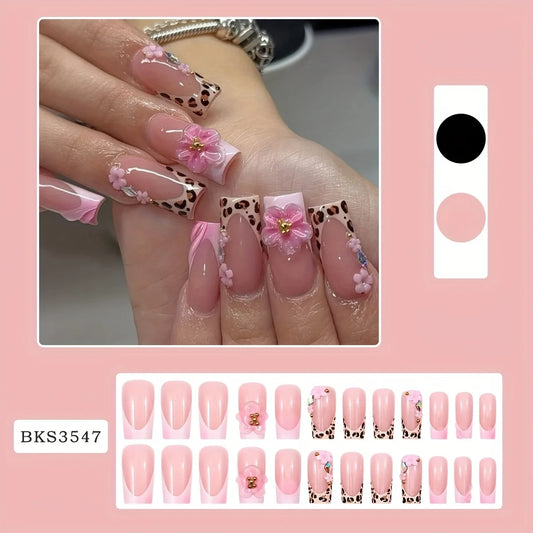 24pcs Handmade 3D Water Drop Flower Fake Nails with Leopard Print, Pink Gradient and Floral Design - Stylish and Trendy Press
