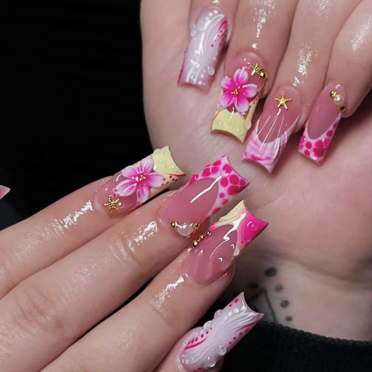 24Pcs Mid-length Square Head Full Cover Fake Nails French 3D Flower Starfish Press on False Nails Pearl Detachable Manicure Tips