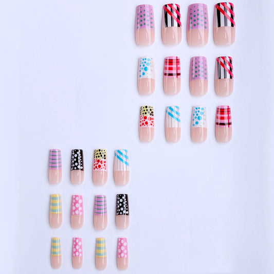 24pcs Polka Dot Stripes Pattern False Nails Summer Dopamine Colorful French Style Press On Nails Pink Square Shape Fake Nail Tip