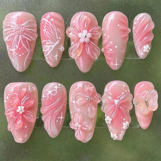 24pcs Short Almond False Nails Art Detachable Flower Gradient Design Press on Nails Tips with Rhinestone Fake Nail Sets Finished