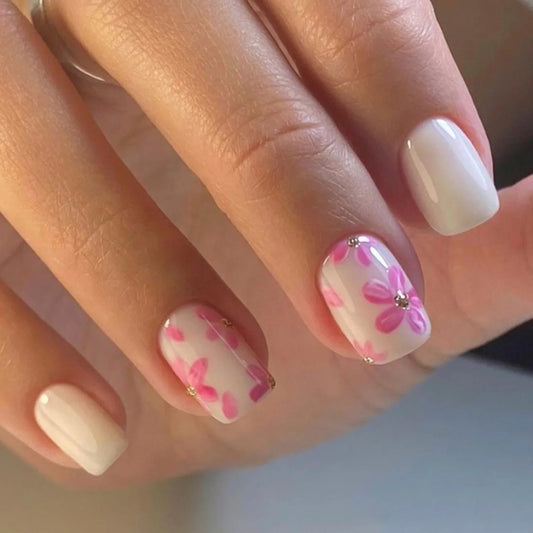 Mid-length Coffin Fake Nails 24Pcs White French Tip Ballerina Press On Nail Pink/White Flower Printed Spring/Summer DIY Manicure