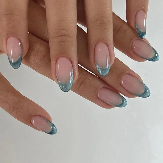 24Pcs French Almond False Nails Green-edged Wearable Manicure with Red Diamond Cherry Pattern Fresh Fake Nail Tips Art Fashion