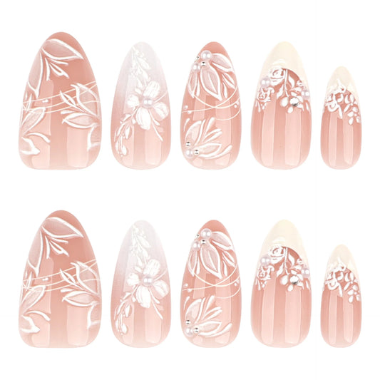 24pcs French Almond Fake Nails Ins Sweet White Flower Pattern Decor False Nails Wearable Fresh Simple Nude Color Press on Nails