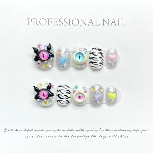 10Pcs Handmade Press On Nails with Eye Little Monster Design Wearable Manicure False Nails Decoration Full Cover Nail Tips Art