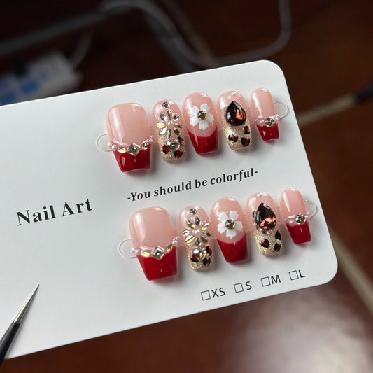 10pcs high-end Gentle and elegant style, hand-painted leopard print, flowers, and sparkling sapphire handmade French Tip Nails