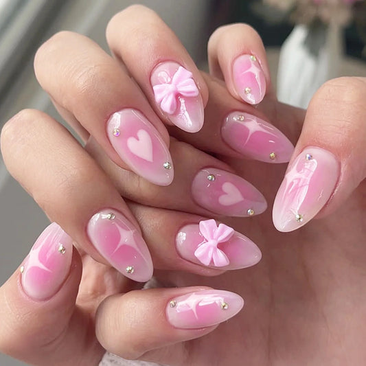 White French Press on Nails 3D Bowknot Designs Nude Color Fake Nails Wearable False Nails Tips for Women DIY Manicure 24Pcs