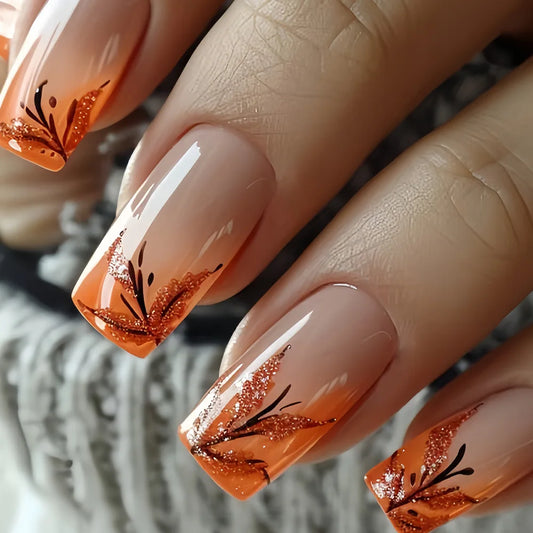 24Pcs Mid-length Square Head Press on False Nails with Golden Butterfly Design Full Cover Nails Tips Wearable Finished Fake Nail