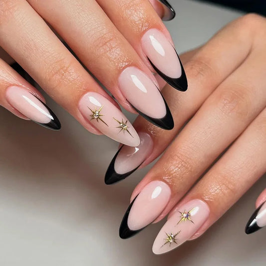 Black French Tip Fake Nails Bowknot Decoration Press on Nails Full Cover Square False Nail Tips For Women DIY Manicure 24Pcs