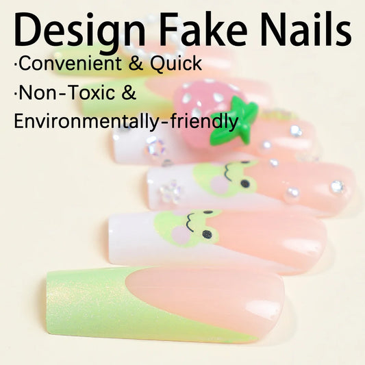 24pcs Cute Green Frog Design False Nails Long Ballet Coffin 3D Fake nail patches for Girls Women Wearable Full Cover Fake nails
