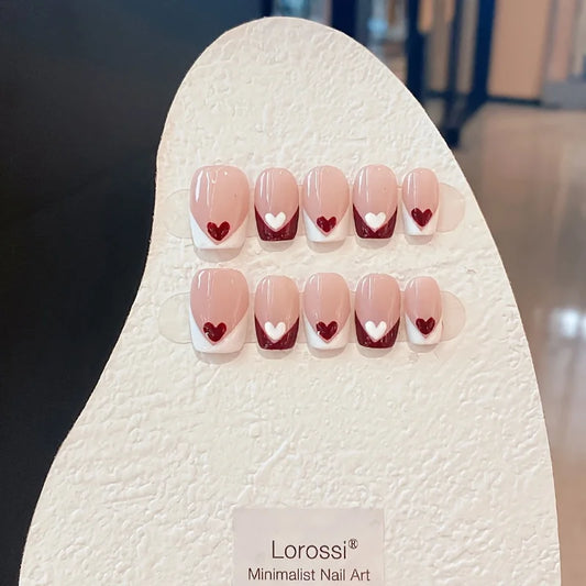 10pcs French Red White Heart False Nails Artificial Acrylic Nail Art Fake Nails Full Coverage Removable Press On Nails Tips