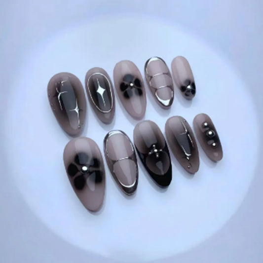 24Pcs Mid-length Almond False Nails Simple Black Flower Design Press on Fake Nails Art Reusable Artificial Full Cover Nails Tips