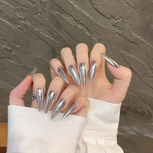 10pcs high-end Mirror-like dark silver handmade fake nails, Long nail decoration patches for ladies