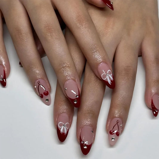 24pcs Simple White French Fake Nails Sets Gilded Lines Almond Press on Nails Reusable with Shiny Powder Wave Design False Nail