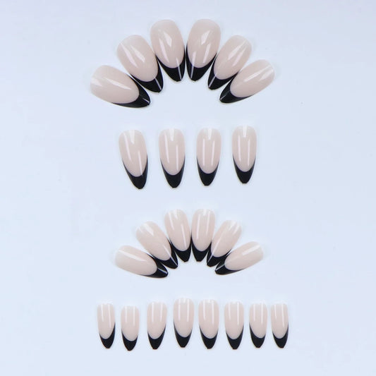 24PCS Black French Pointed Nail, Short Almond Nail Press, Women'S Acrylic French Nail, Short French Fake Nail