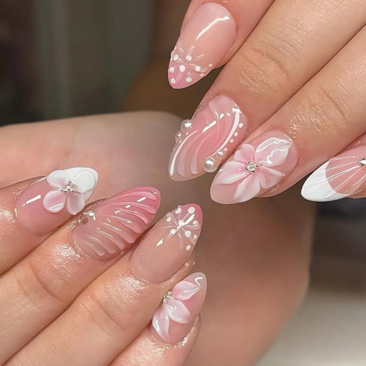 24Pcs Short Almond Full Cover False Nails Tips with Pink Smudge 3D Flower Design Press on Nails Pearl Detachable Fake Nails Art