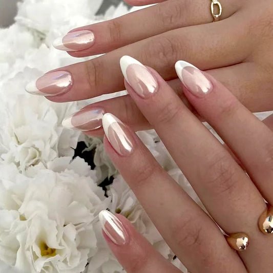 24pcs Wearable Fake Nails Tips Simple Blue French Short Almond Press on Nails Sets Nude Color Oval False Nail Finished Manicure